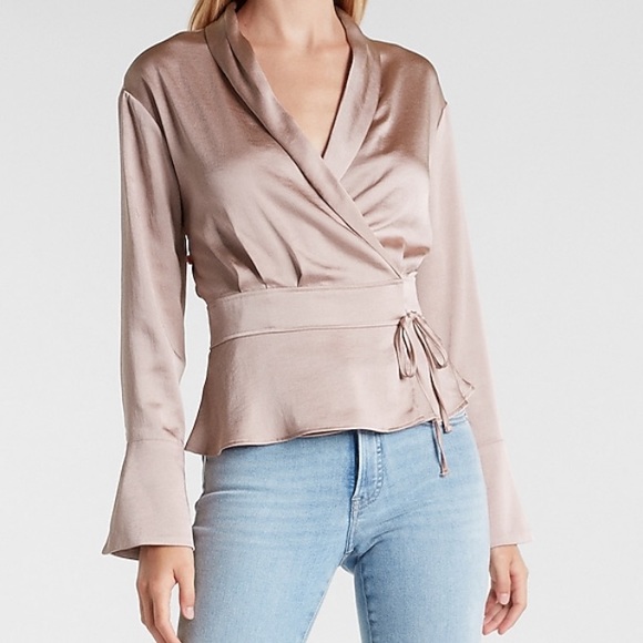 Express Tops - NEW Express satin wrap front peplum top size XS in blushing mauve